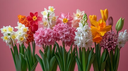 Obraz premium Spring Floral Delights on Pink - Vibrant Bouquet of Colorful Flowers on a Pink Background