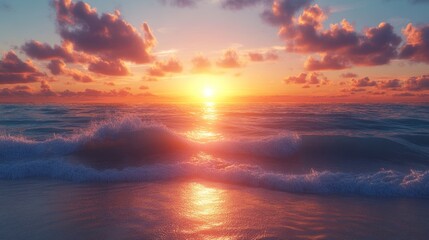 Obraz premium Sunset over calm waves with colorful clouds reflecting on the ocean. Generative AI