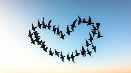 Birds elegantly flying in a heart shape against a blue sky during sunset. Generative AI