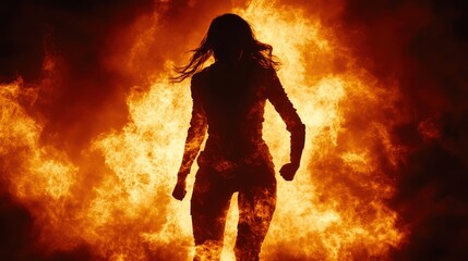 Fototapeta premium Woman standing heroically in front of a blazing fire during an action-packed moment at sunset. Generative AI