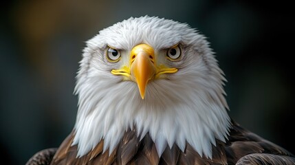 Naklejka premium Bald eagle displays fierce expression with sharp gaze and striking features in close-up view. Generative AI