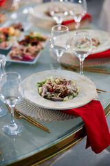 Light blue aesthetic table setting in the restaurant in the evening