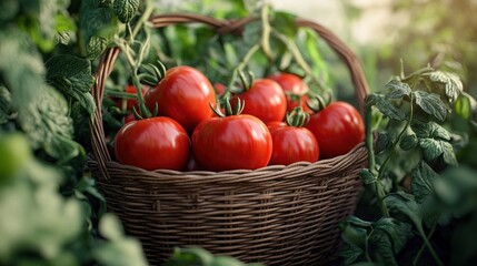 Freshly harvested tomatoes in a basket surrounded by lush green foliage under warm sunlight. Generative AI