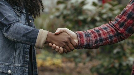 Handshake signifying collaboration, partnership, and unity amidst nature's backdrop..