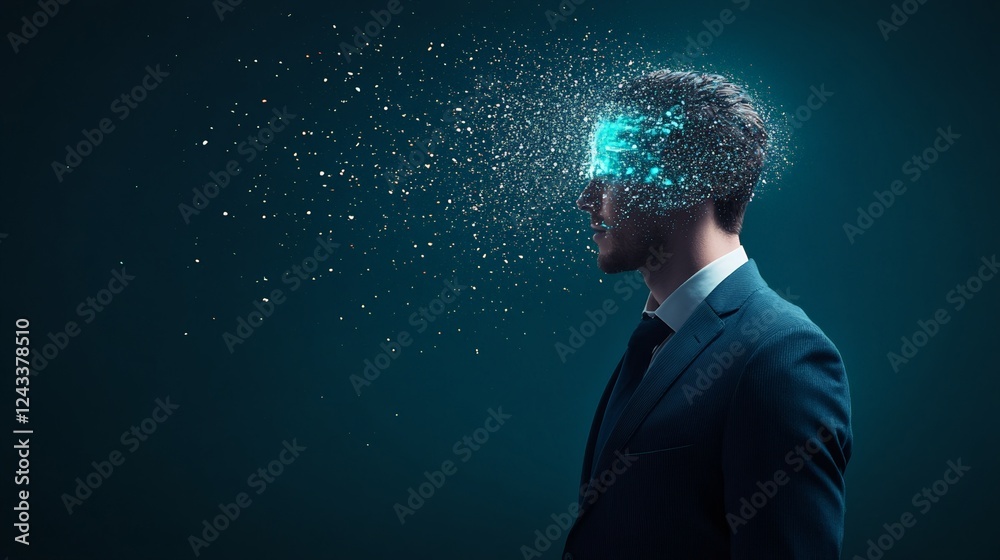 Poster businessman exploding head effect caused by stress and too much information with blue particles on d