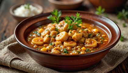 Açorda served in earthy ceramic bowl, rustic kitchen ambiance