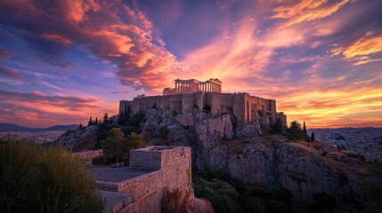 Obraz premium A stunning sunset view of the Acropolis, showcasing ancient architecture against a colorful sky.