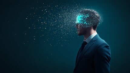 Businessman exploding head effect caused by stress and too much information with blue particles on dark background representing digital dementia or migraine