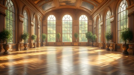 Fototapeta premium Spacious and well-lit hall featuring an exquisite wooden floor, sunlit walls, and a soft natural glow, 8K ultra-realistic 3D image