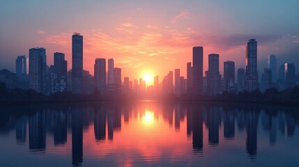 Fototapeta premium Sunset over a serene lake reflecting city skyline and vivid colors in an urban setting. Generative AI