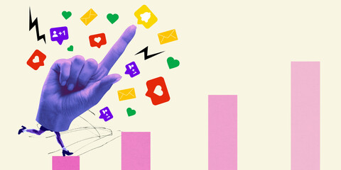 Running hand pointing upward with social media icons and notifications. Digital growth, influence...
