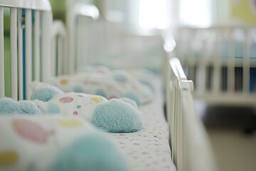 Baby cribs at a maternity ward. Low birth rate and fertility concept 
