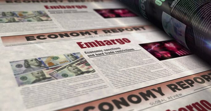 Embargo trade sanctions and economic war daily news newspaper roll printing. Abstract concept retro headlines 3d seamless looped.