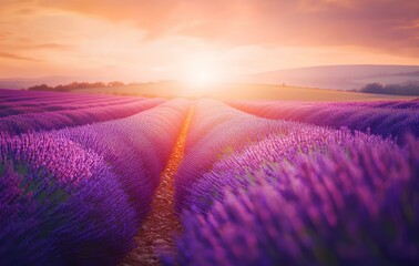Fototapeta premium Beautiful lavender field at sunset, a picturesque summer landscape with rows of purple flowers in the countryside 