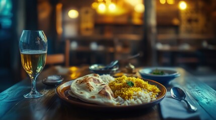 Restaurant Dinner Naan, rice, curry, beer, cozy ambiance