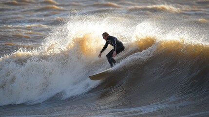 A skilled surfer expertly maneuvers atop a vibrant wave under a clear blue sky, capturing the essence of ocean adventure on a sunny day.