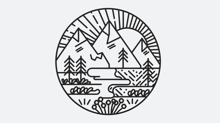 Fototapeta premium Mountain Landscape Line Art Circle