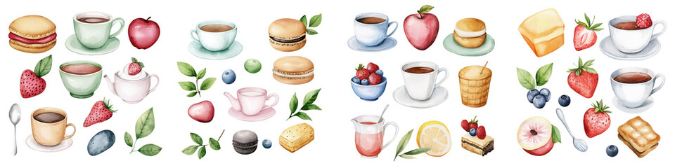 Victoria element, Delightful tea time treats with cups, fruits, and pastries arranged beautifully, isolated on transparent background.