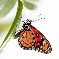 A close-up view of a butterfly and bug, showcasing delicate wings in vibrant colors, with the butterfly in flight.