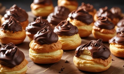 Pile of choux pastries made from whipped dough and a rich chocolate cream , whipped pastry, sweet delight