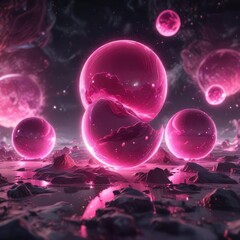 Fototapeta premium Pink luminescent sphere formations in the air, shapes, formations