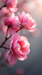 Obraz premium Pink rosehip flowers sway gently in the spring breeze, bloom, soft