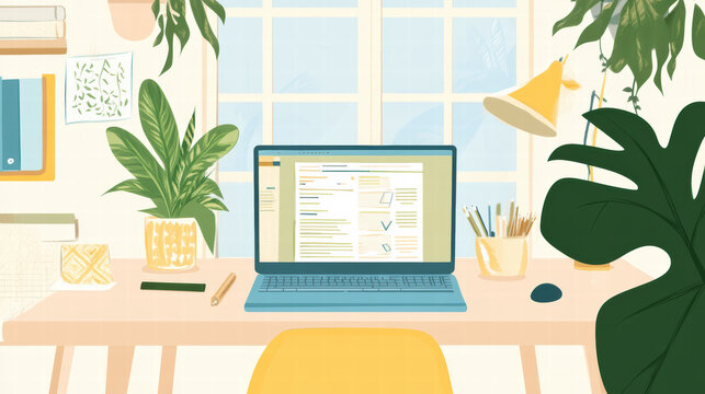 serene home office setup featuring laptop, e learning materials, and lush plants creates calming workspace. bright environment promotes productivity and focus