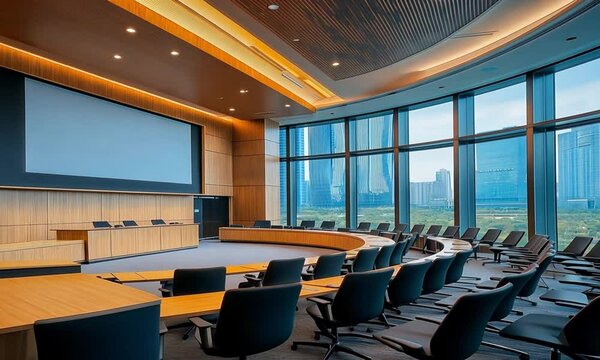 Big empty modern meeting, Presentation Screen board Seminar room interior Seat row,Conference room for Business training, large windows outside building city