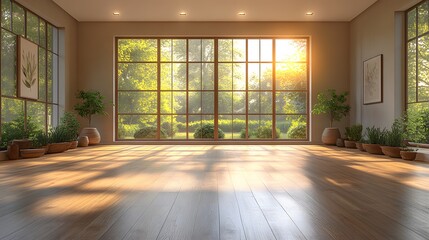 Obraz premium Minimalist empty hall with high windows, warm wooden flooring, and a peaceful, inviting ambiance, ultra-high-quality 8K 3D render