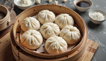 Handmade bao buns arranged in bamboo steamer, culinary delight