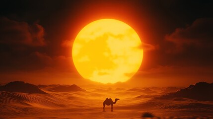 Fototapeta premium Desert camel sunset silhouette, sand dunes, travel poster