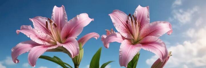 Fototapeta premium stunning pink lily flower against a bright blue sky , lily, beautiful