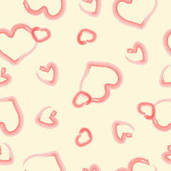 Seamless pattern with hand drawn pink hearts on yellow background. Design for fashion, fabric, textile, packaging paper, gift paper. Valentines day concept.