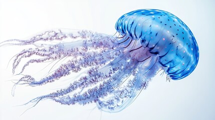 Blue Jellyfish With Delicate Tentacles Floating In Water