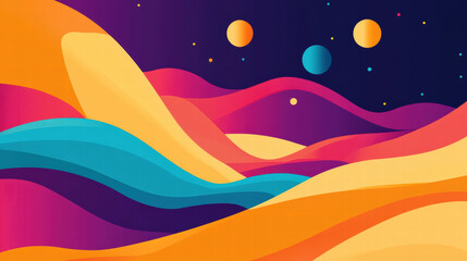Vibrant abstract landscape with swirling colors and celestial elements, featuring waves of pink, orange, blue, and yellow against dark background