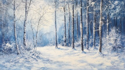 Fototapeta premium A serene painting depicting a snowy path winding through a tranquil forest filled with tall trees adorned with fresh snow.