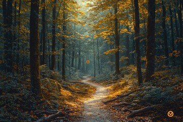 Fototapeta premium Sunlit Path Through An Autumnal Forest Scene