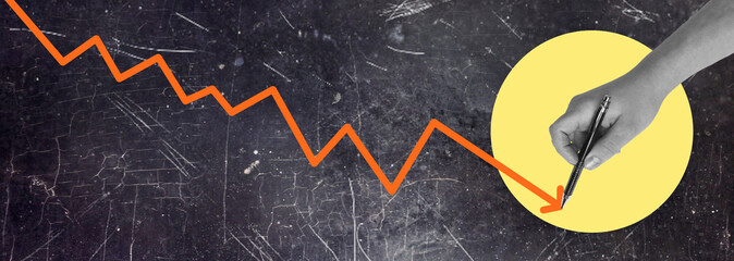 Modern art art collage showing a graph down, hand-drawn graph on a black background.