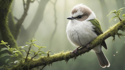 A small, cute round bird with fluffy plumage perched on a branch