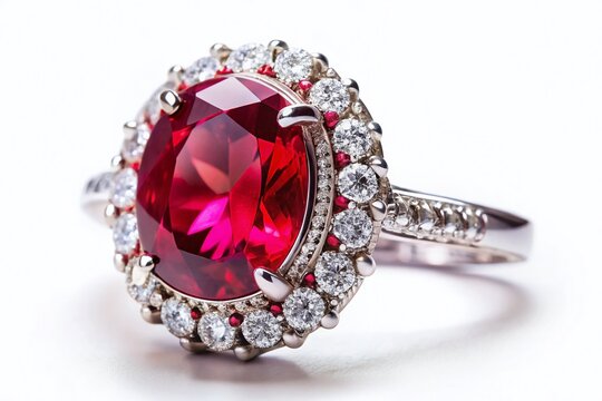 Elegant Ruby Center Stone Ring: Sparkling Gemstone Jewelry on White Background