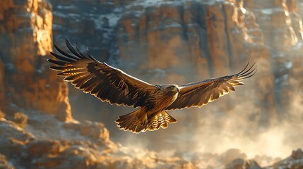 Obraz premium Eagle soaring canyon sunrise winter wildlife nature