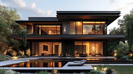 Futuristic two-story steel home with a bold dark facade, extensive use of glass, and a minimalist luxury aesthetic, high-quality 8K 3D visualization
