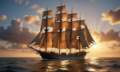 Obraz premium Tall ship's sails billow in the wind as it glides across the water, sea breeze, sailing vessel