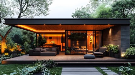 Contemporary black steel structure with a flat roof, illuminated windows, and a spacious outdoor terrace, high-resolution 8K 3D image