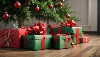 Satiny red and green wrapped gifts under a fir tree, under the tree, red, presents