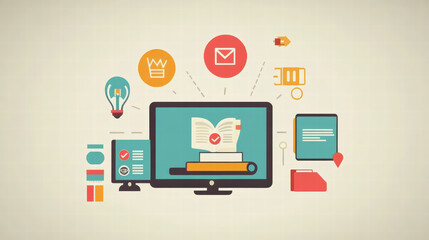 vibrant infographic illustrating benefits of e learning, featuring computer screen with educational icons like books, light bulbs, and checkmarks. This design emphasizes modern learning tools and