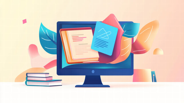 vibrant online course catalog displayed on computer screen, featuring colorful books and leaves, creating inviting and educational atmosphere