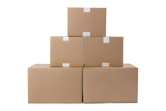 Cardboard Boxes Stacked In Pyramid Formation On White Background