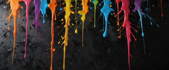Textured, multicolored paint drips and splatters on a dark, blurred surface, chaotic, vivid