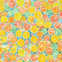 Colorful citrus fruit doodles create a lively background in a whimsical and creative watercolor style